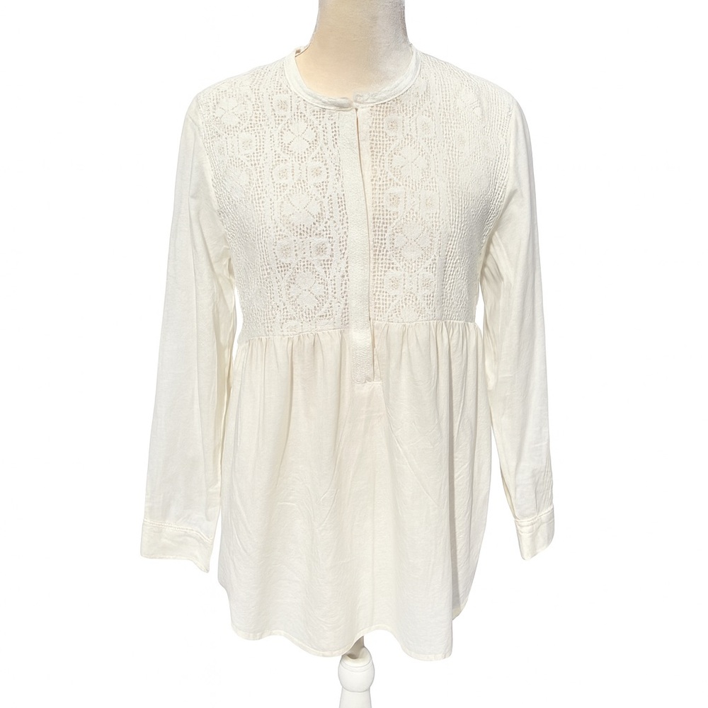 Caribbean Joe Women Tunic Cream Lace Panel Accent Blouse Long Sleeve Size Large